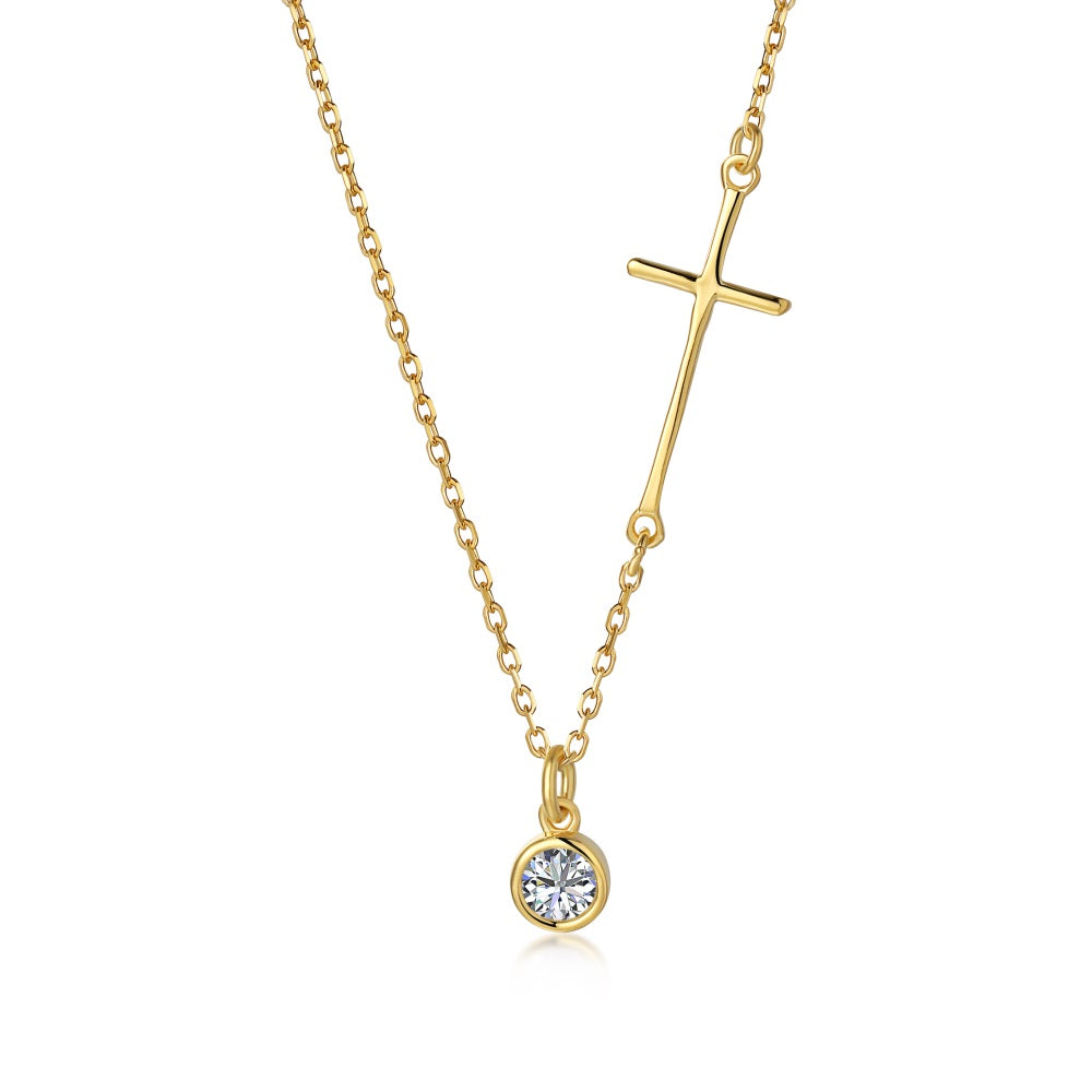 18K Gold Plated 925 Silver Cross Necklace -5A CZ, 3.5mm Main Stone