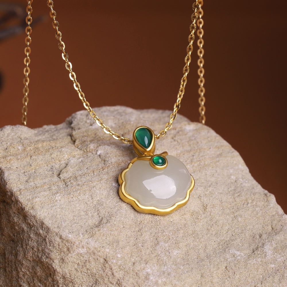 22K Gold Plated 925 Silver Natural White Jade Pendant Necklace