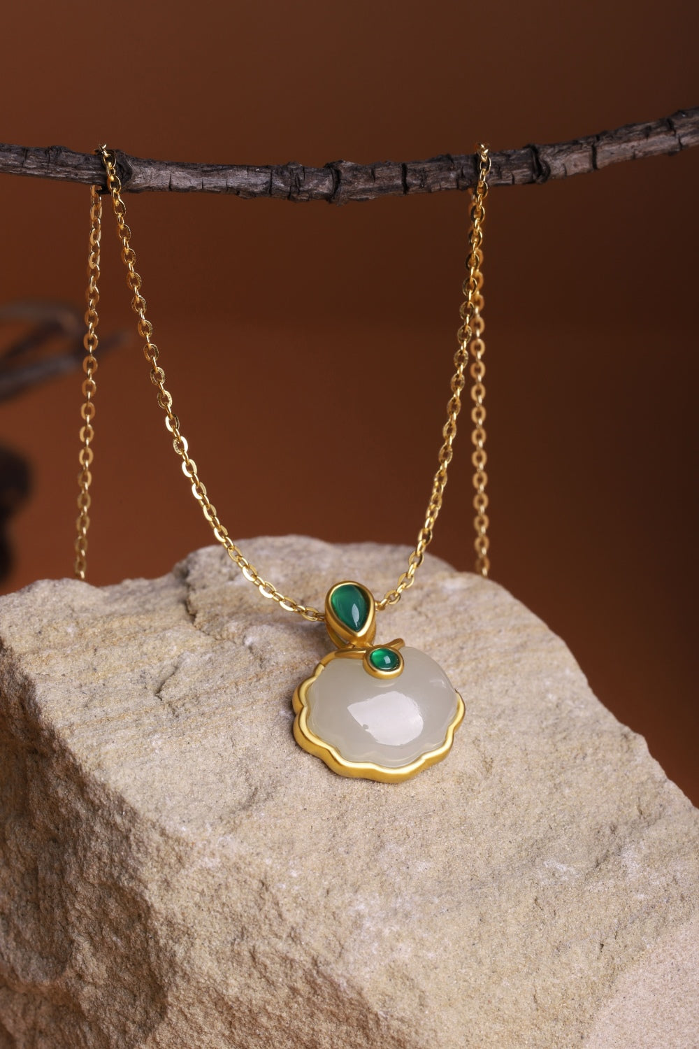 22K Gold Plated 925 Silver Natural White Jade Pendant Necklace